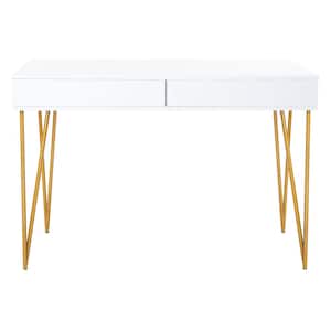 Pine 43.3 in. White/Gold 2-Drawer Writing Desk