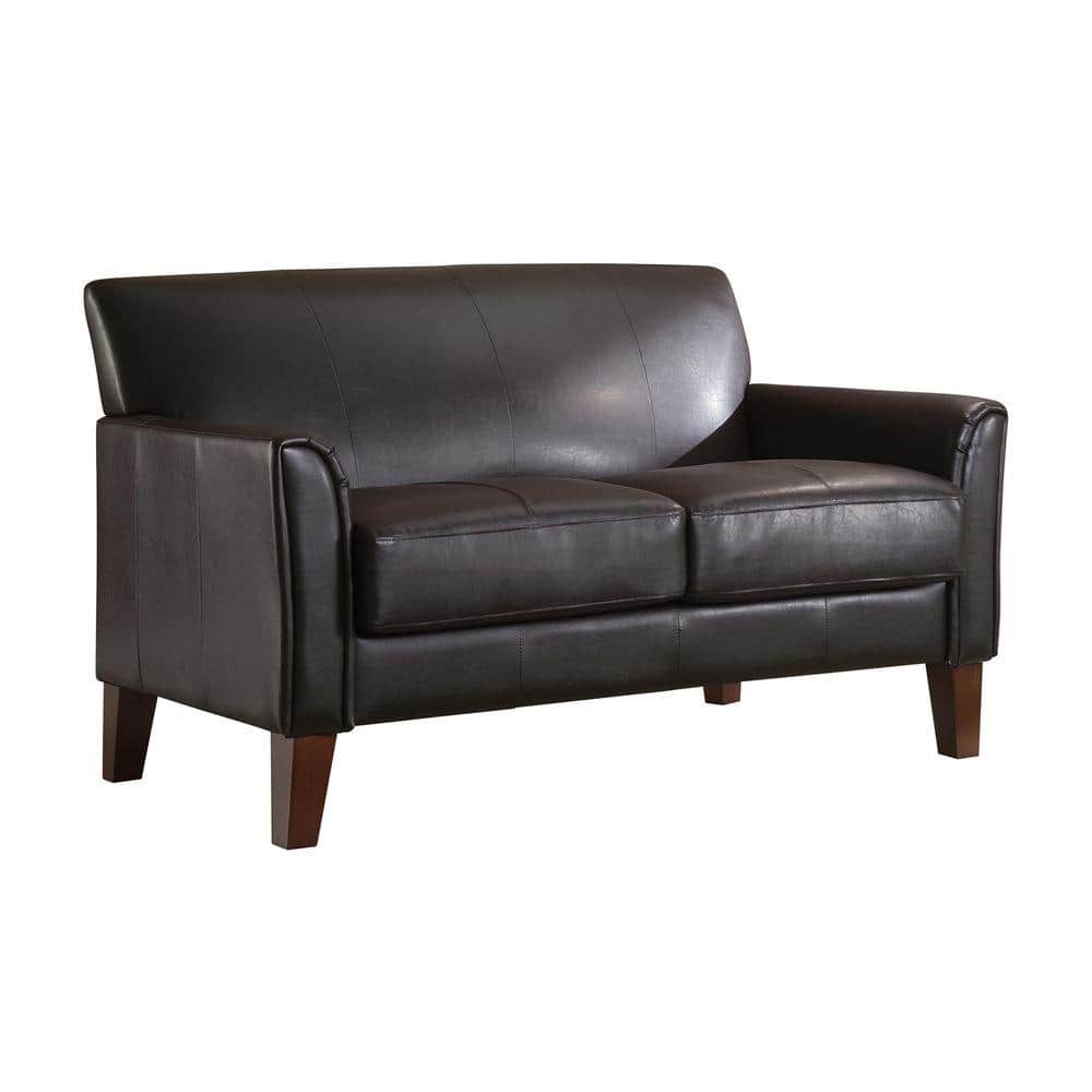 54.5 in. wide Cherry Finish Dark Brown Faux Leather 2 Seat Loveseats