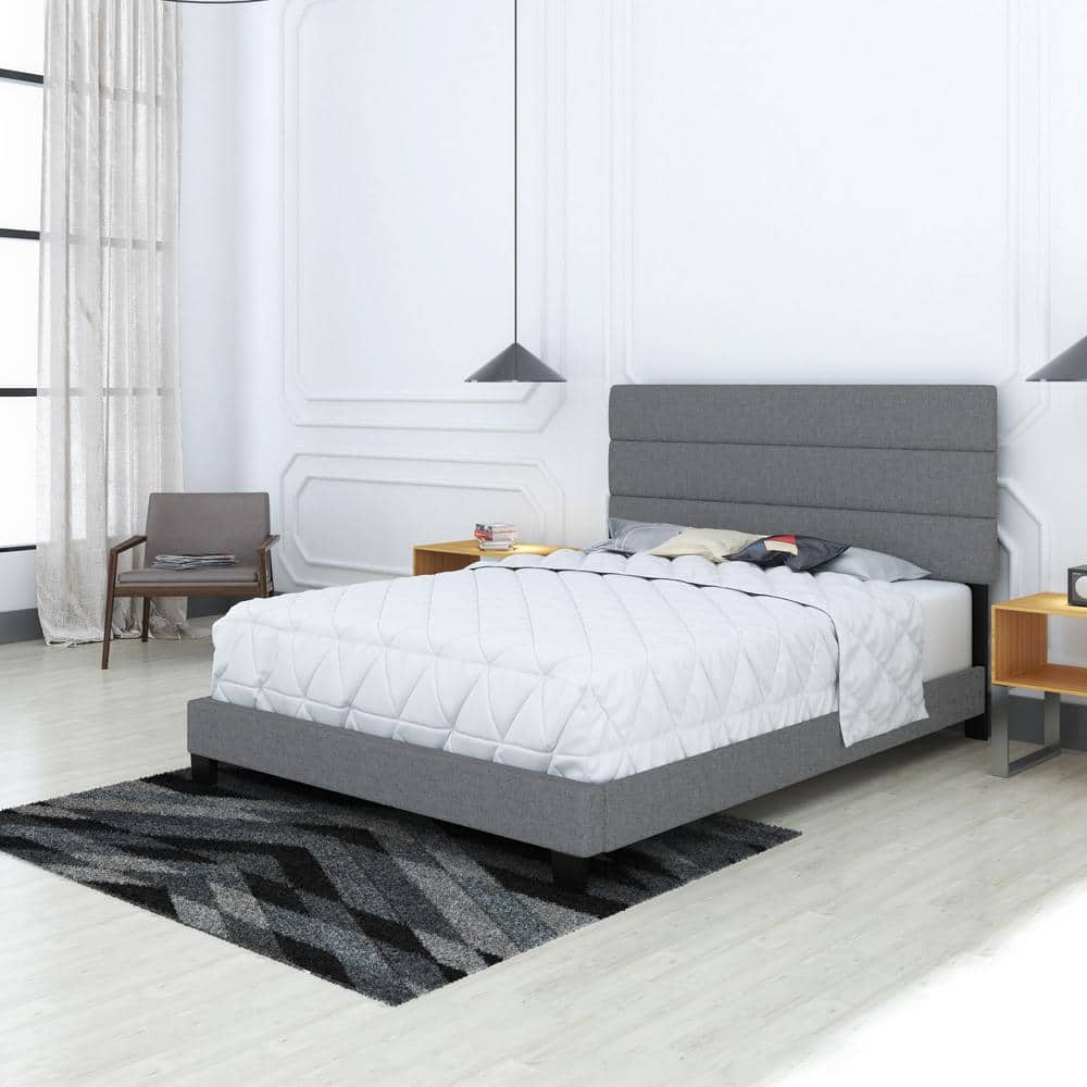 Sicily Gray Upholstered Linen Queen Platform Bed with Headboard