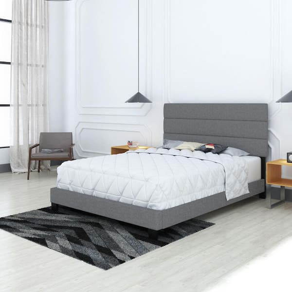Sicily Upholstered Linen Tri Panel Platform Bed Frame with Headboard, Queen, Gray