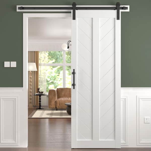 easelife 30 in. x 84 in. V-Shape Solid MDF Panel White Finished Herringbone Sliding Barn Door with Hardware Kit