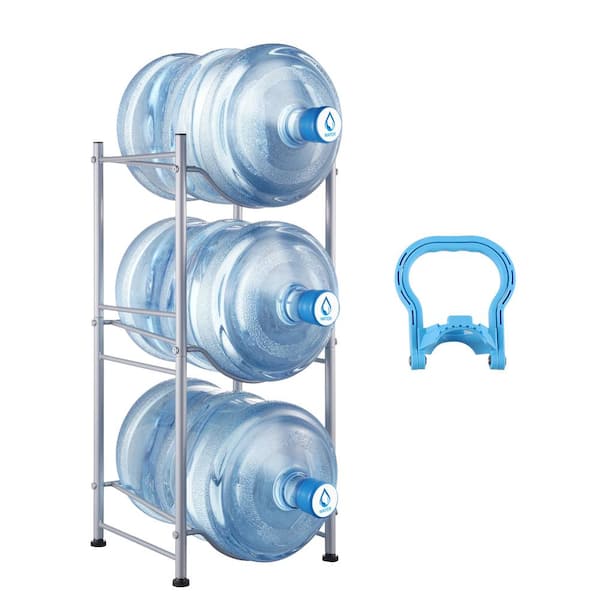 SKYSHALO 3-Tiers Water Jug Holder, 5-Gallon Water Bottle Holder, Single Row Water Bottle Rack for 3-Bottles, Heavy Duty, Silver