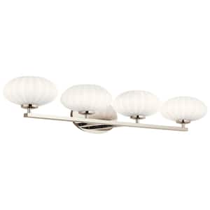 Pim 34 in. 4-Light Polished Nickel Halogen Contemporary Bathroom Vanity Light with Etched Glass Shade