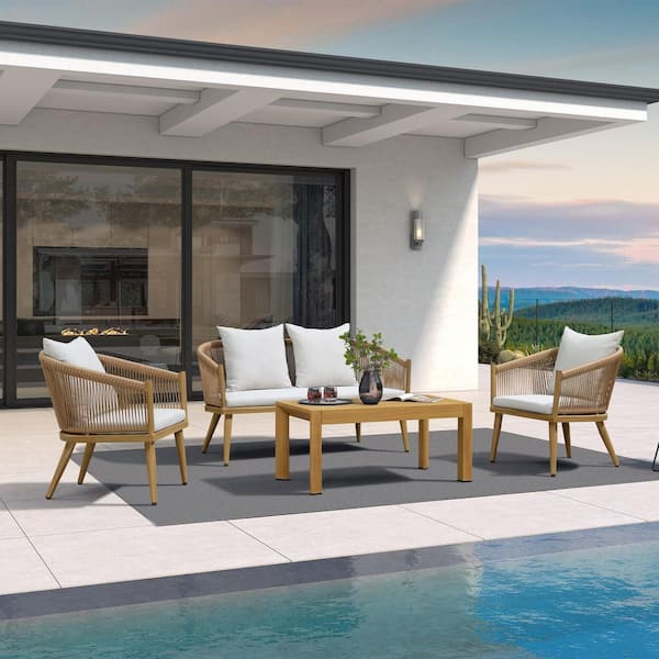 4-Piece Aluminum All-Weather Wicker Patio Conversation Set with Thick Sofa Cushions, Teak