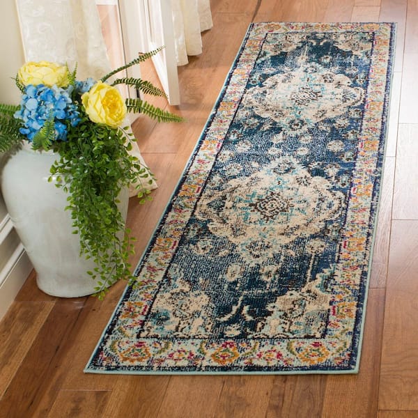Monaco 2 ft. x 12 ft. Navy/Light Blue Border Runner Rug