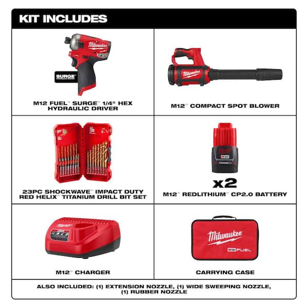 M12 FUEL SURGE 12V 1/4 in. Hex Impact Kit with M12 Compact Spot Blower with SHOCKWAVE 23-Pc Titanium Set