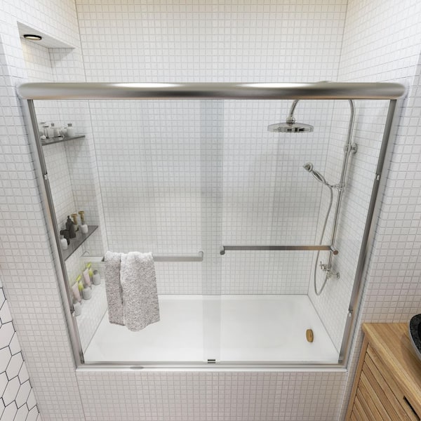 56 to 60 in. W x 58 in. H Sliding Framed Tub Door in Brushed Nickel with Clear Glass