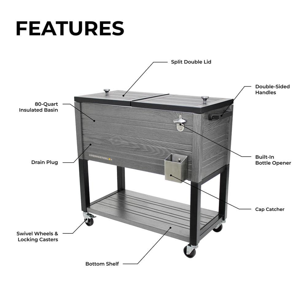 Permasteel 80-Quart Gray Woodgrain Rolling Patio Cooler with Wheels