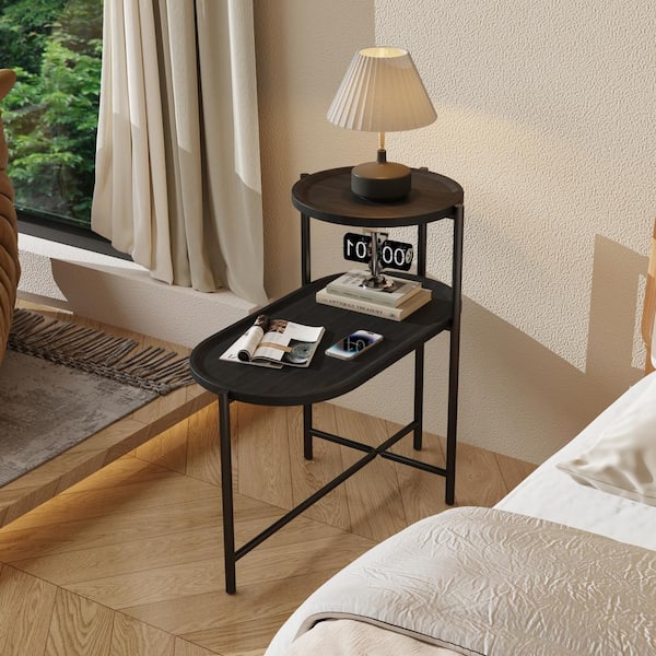 27.5 in. Black 2-Tier Oval MDF End Table Metal Frame Modern Side Table Nightstands for Living Room Bedroom