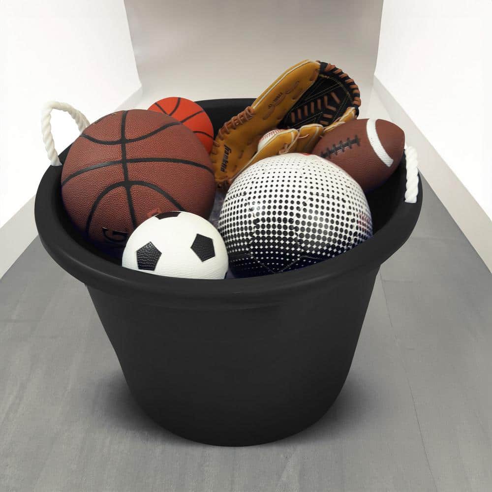 Set of 4 Black Large Plastic Utility Storage Buckets with Rope Handles