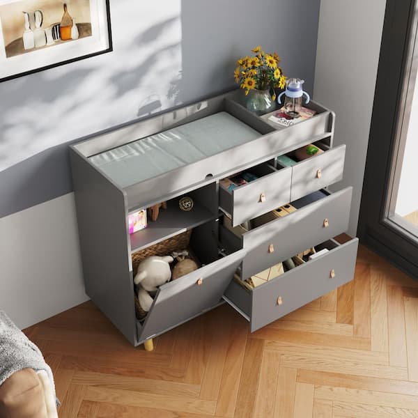 FUFU&GAGA Gray Changing Table with Guardrail, 6-Drawers