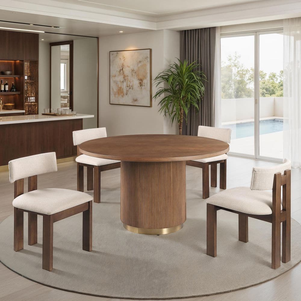 Sentous 5-Piece Modern Round Brown Wood Top Game Dining Room Set with Beige Upholstered Dining Side Chairs (Seats 4) price history on PriceWatchPro