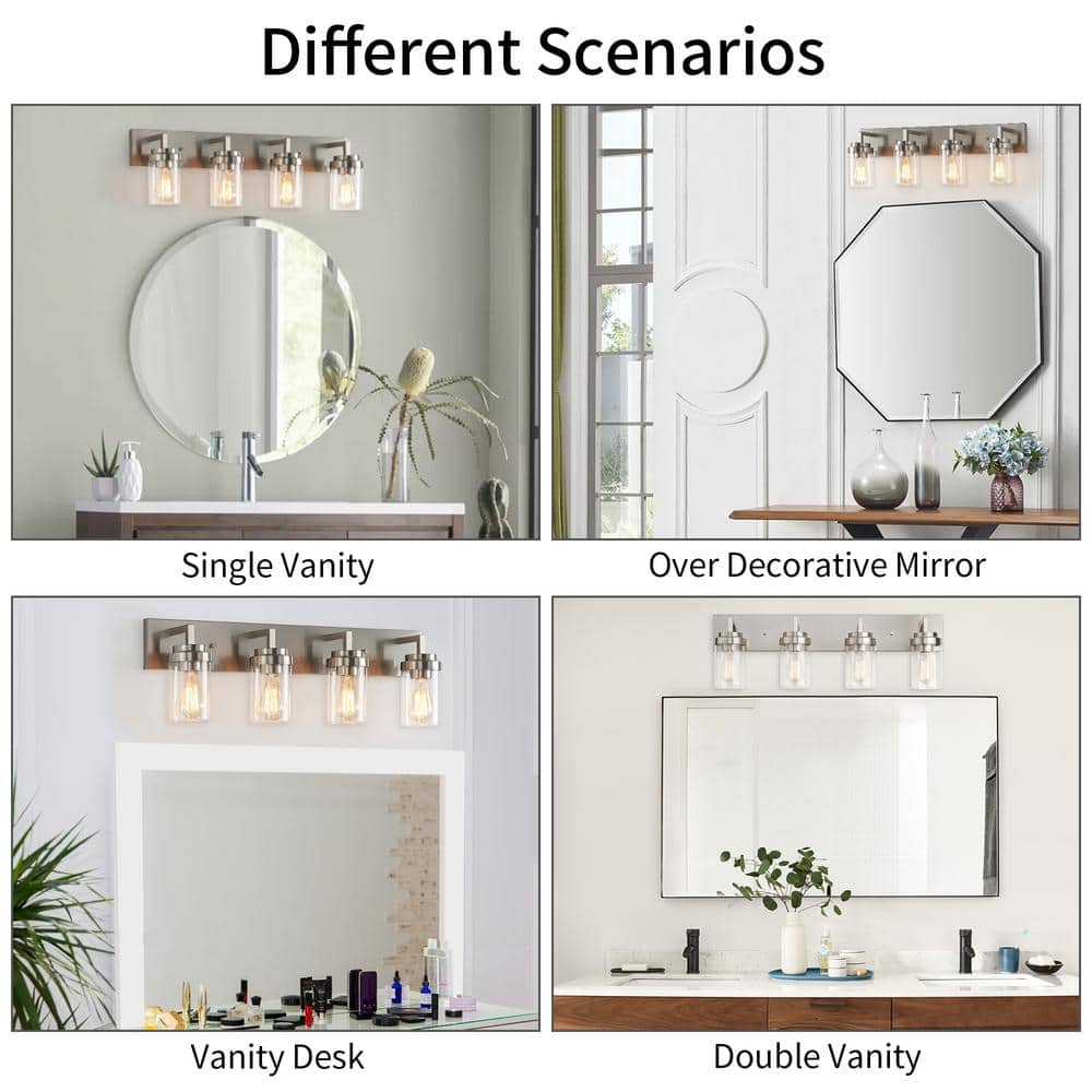 Brushed Nickel 4-Light Cylinder Vanity Light with Clear Glass Shades