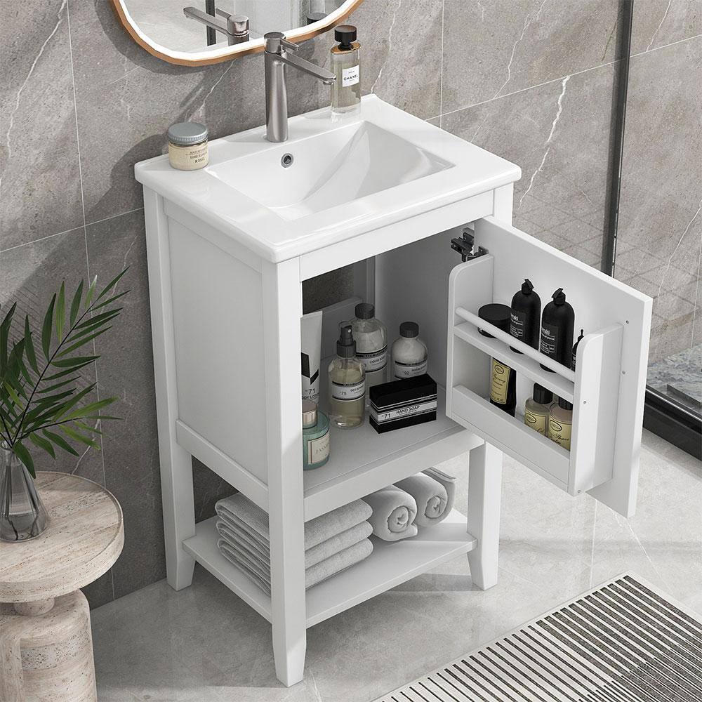 20 in. White Solid Wood Freestanding Bath Vanity with Ceramic Sink