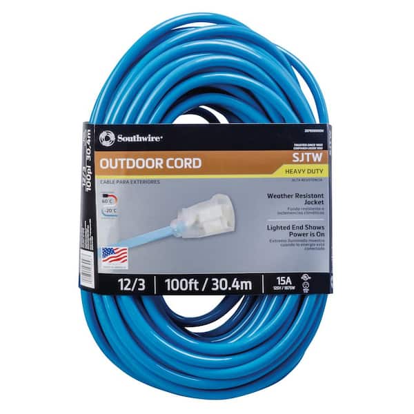 Southwire 100 ft. 12/3 SJTW Hi-Visibility Outdoor Heavy-Duty Extension Cord with Power Light Plug