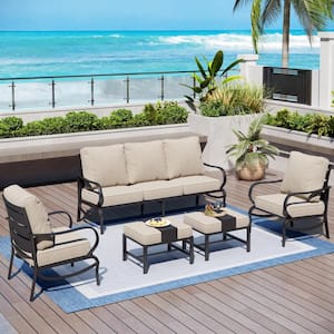 Black Slatted 7-Seat 5-Piece Metal Outdoor Patio Conversation Set with Beige Cushions and 2 Ottomans