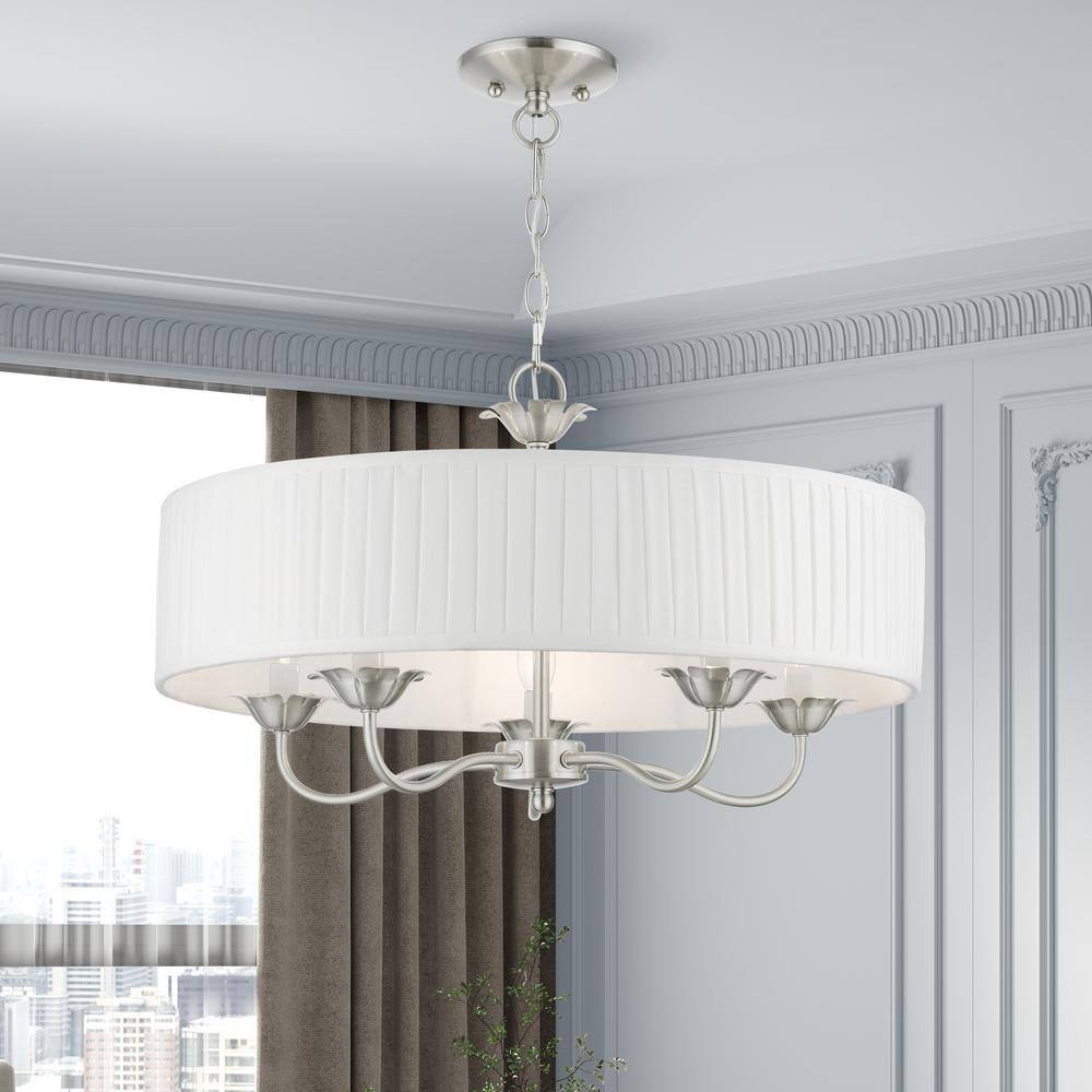 Edinburgh Transitional 5-Light Brushed Nickel Drum Pendant with Pleated Shade
