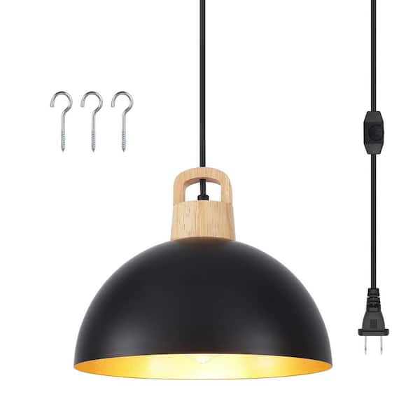 1 Light Black Wood Industrial Dome Pendant for Dining Room Storage Room No Bulbs Included with Plug-In Switch