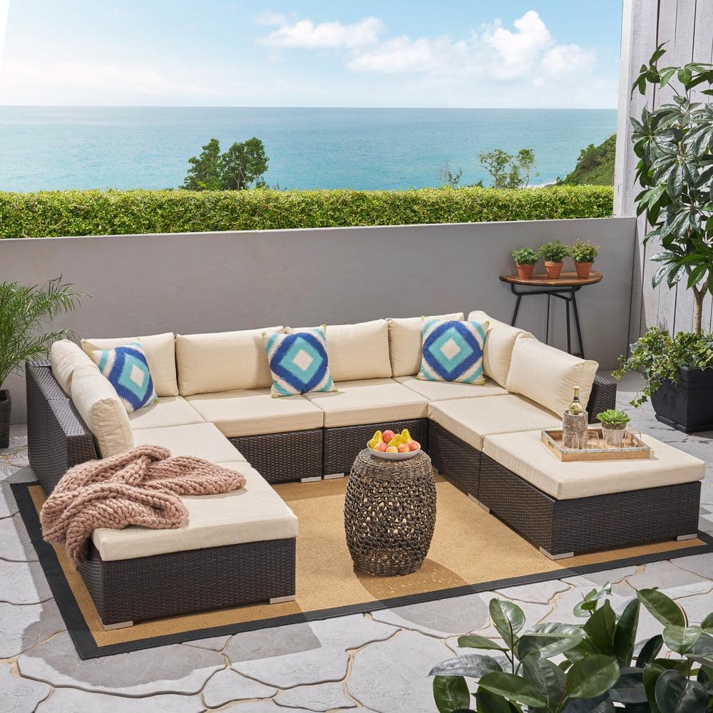 Nolan Multi-brown 8-Piece Wicker Outdoor Sectional with Beige Cushions -  Noble House, 41778