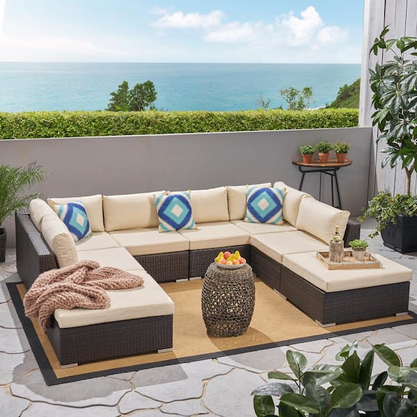 Noble House Nolan Multi-brown 8-Piece Wicker Outdoor Sectional with Beige Cushions