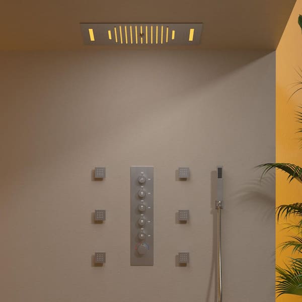Aurora 20 in. Mood Light Quadruple Handles 4-Spray Shower Faucet 2.5 GPM with Bluetooth, Anti Scald in. Brushed Nickel