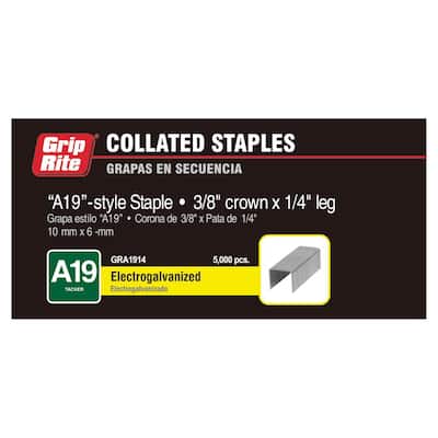 Grip-Rite 1/2 in. x 1/4 in. 18-Gauge Electro-Galvanized L-Style Narrow  Crown Staples (5,000 Per Box) GRL08 - The Home Depot