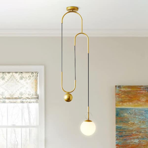 Y'INSP 25-Watt 1-Light Brass Mid-Century Modern Lifting Pendant Light with Frosted Glass Shade and No Bulbs Included