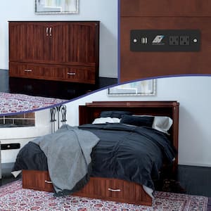 Elena Walnut Brown Solid Wood Frame Queen Murphy Bed with Built-in Charging Station and Storage