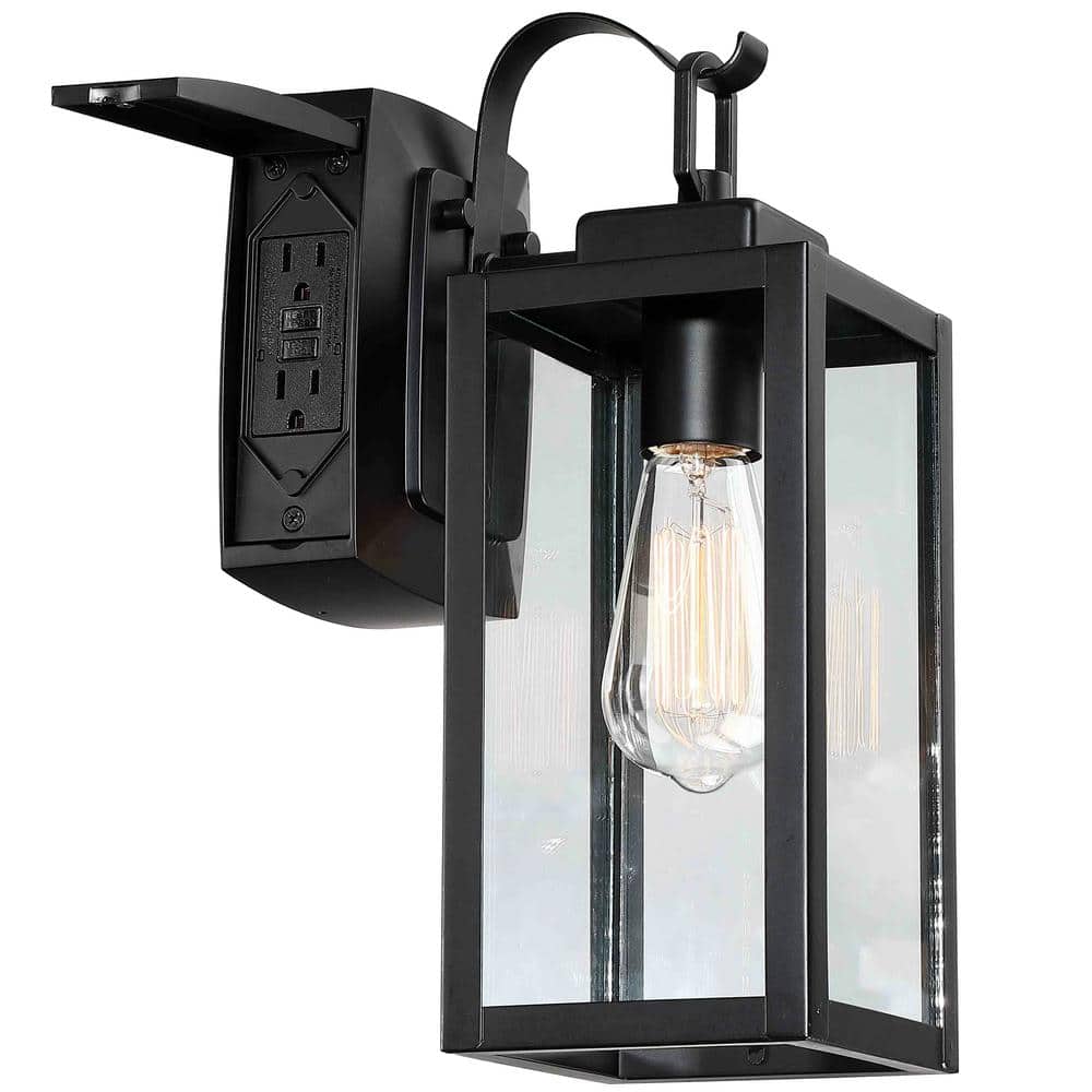 Matte Black Outdoor Lantern Sconce with Clear Glass and GFCI Outlets