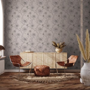Peonies Black and White Removable Peel and Stick Vinyl Wallpaper 28 sq. ft.