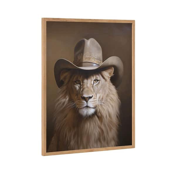 Kate and Laurel Gallery Lion Wearing a Western Cowboy Hat by Natural Framed Art Print 16 in. x 20 in.