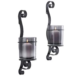 Vintage Black Wall Sconce Candle Holders with Smoke Glass Hurricanes (Set of 2)