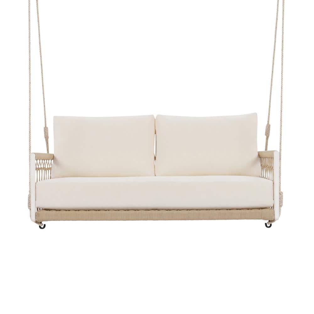 Seating 2 White Frame Metal Porch Swing, Woven Rope Outdoor Swing Sofa, wit