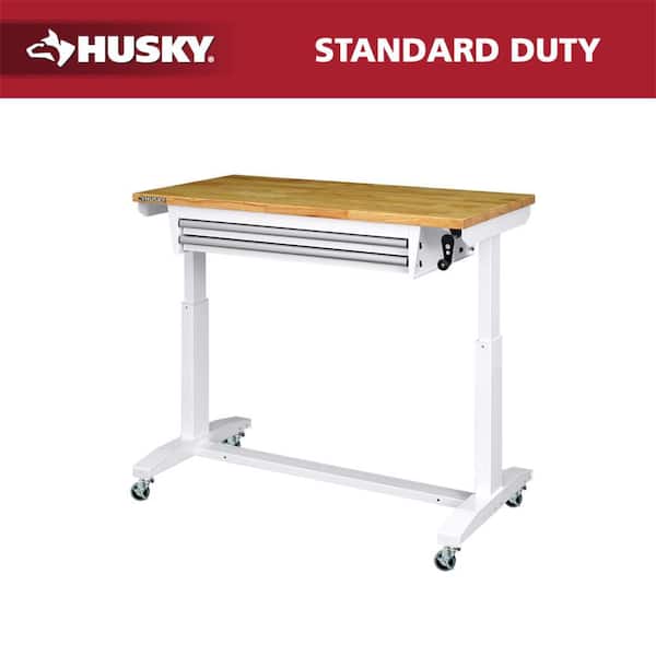 46 in. W x 24 in. D 2-Drawer Adjustable Height White Worktable with Solid Wood Top