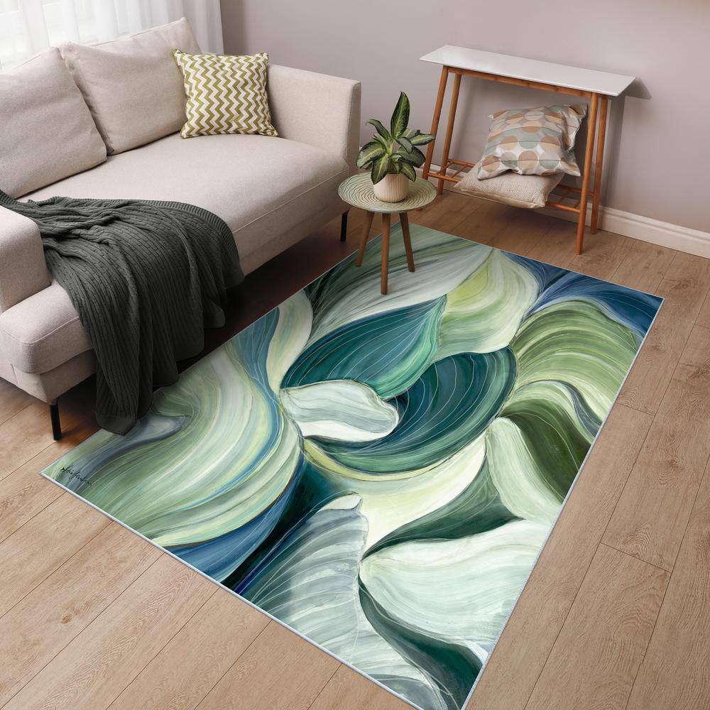 Green and Blue Leaf Pattern Washable Synthetic Area Rug 5' x 7'