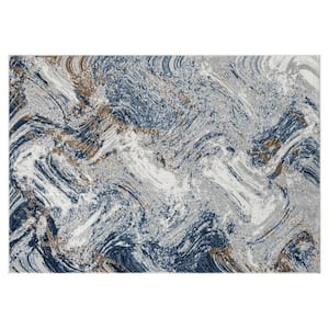 Marble Collection Blue 4x5 Artistic Abstract Polypropylene Area Rug