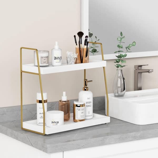 Wudkey White and Gold 2 Tier Bathroom Organizer Countertop