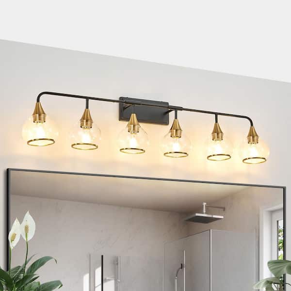 Byteany 48 in. 6-Light Black and Gold Vanity Light with Clear Glass Shades