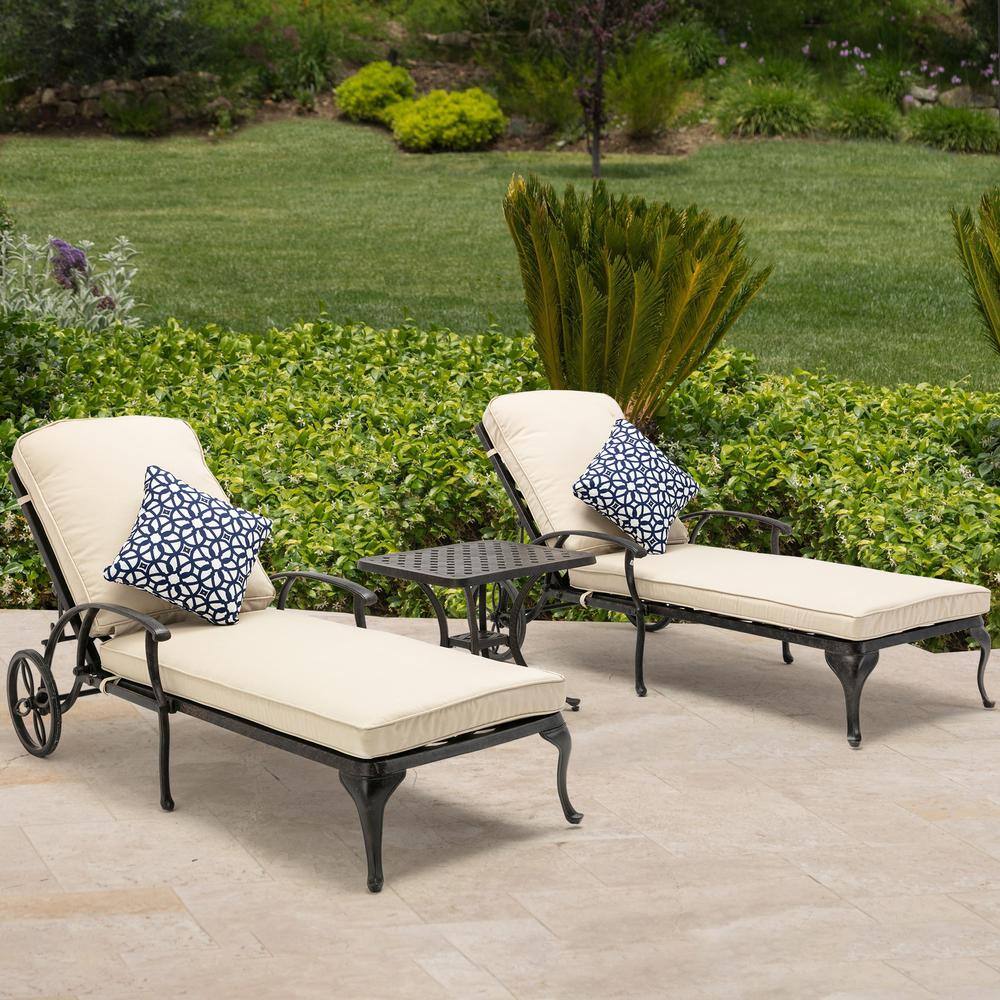 Beige Cushioned Cast Aluminum Chaise Lounge with Arms