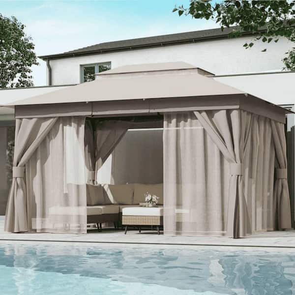 10 ft. x 13 ft. Khaki Outdoor Patio Gazebo with Double Roof, Nettings and Privacy Screens