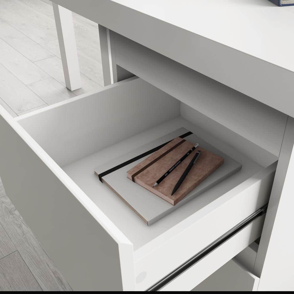 Executive White L-Shaped Desk with Filing Cabinet and Drawers