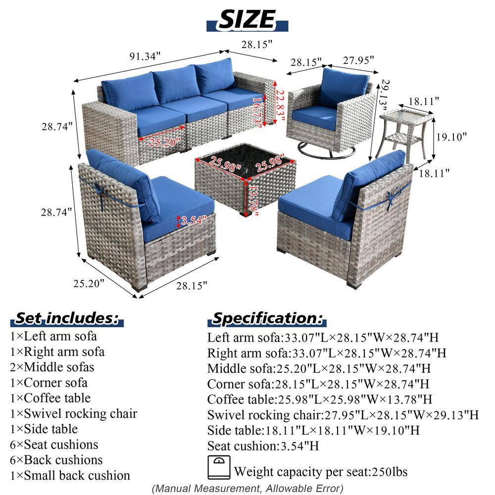Gray 8-Piece Wicker Outdoor Sofa Set with Navy Cushions