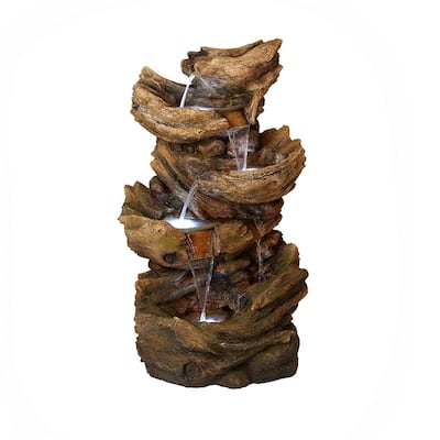 52 in. Tall Outdoor 5-Tier Tree Trunk Water Floor Fountain with LED Lights