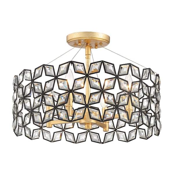 Metropolitan Brookcrest 20 in. 4-Light Sand Black and Gold Leaf Semi-Flush Mount with Crystal Glass Accents