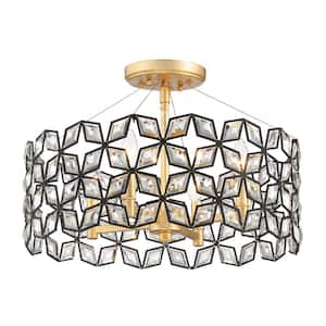 Brookcrest 20 in. 4-Light Sand Black and Gold Leaf Semi-Flush Mount with Crystal Glass Accents