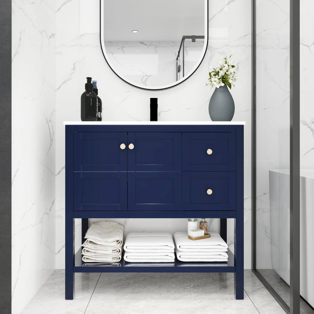 36 in. W x 18 in. D x 35 in. H Freestanding Bath Vanity in Navy Blue with W