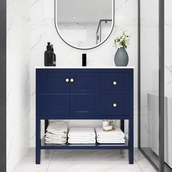 Aoibox 36 in. W x 18 in. D x 35 in. H Freestanding Bath Vanity in Navy Blue with White Single Sink Basin and Soft Close Drawers