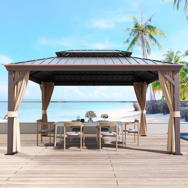 12 ft. x 16 ft. Aluminum Outdoor Double Galvanized Steel Roof Gazebo with Ceiling Hook, Mosquito Netting and Curtains