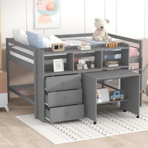Gray Full Low Loft Bed with Rolling Portable Desk, Drawers and Shelves