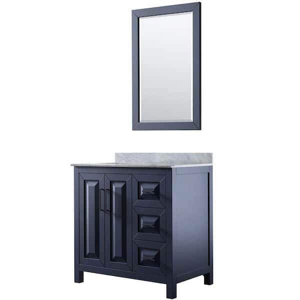 Wyndham Collection Daria 36 in. W x 22 in. D x 35.75 in. H Single Bath Vanity in Dark Blue with White Carrara Marble Top and 24 in. Mirror
